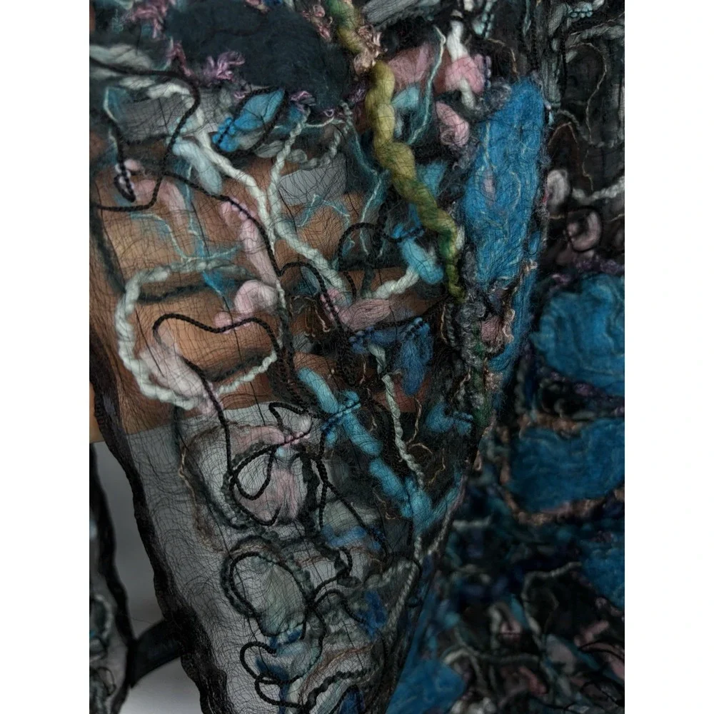 Artisan Silk Scarf Blue Hand Felted India Womens OS Artsy Boho Hippie Rectangle